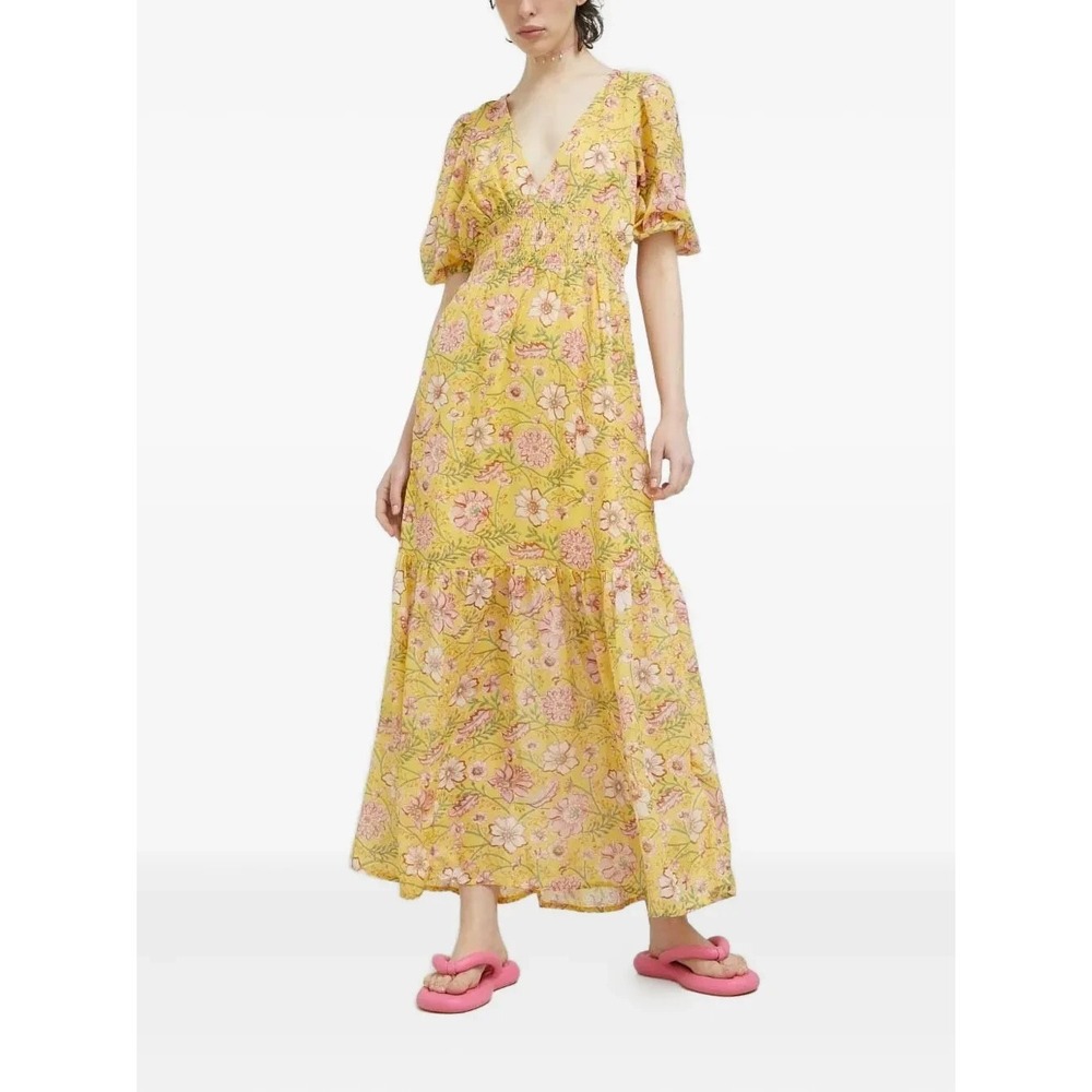 Billabong Floral-Print Smocked Maxi Dress Women's Yellow V-Neck Summer Large